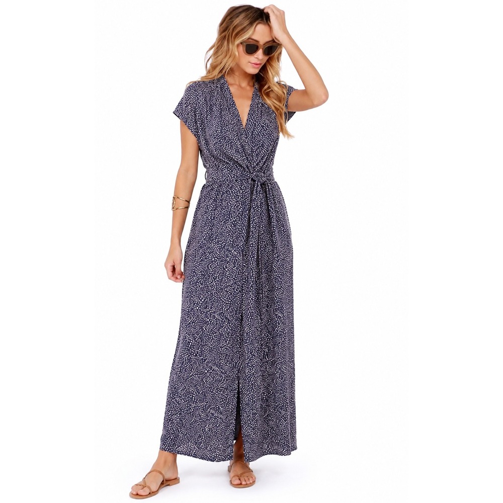 ROXY District Day Polka Dot Cap Sleeve Wrap Maxi Dress Navy Blue Beachy Sz M